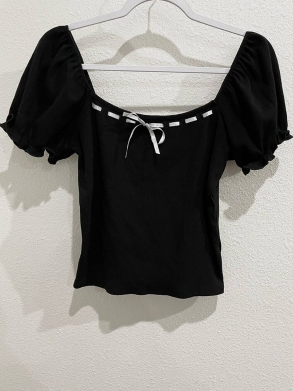 Vintage Black Puff Sleeve Square Neck Top Bow Coquette Milkmaid